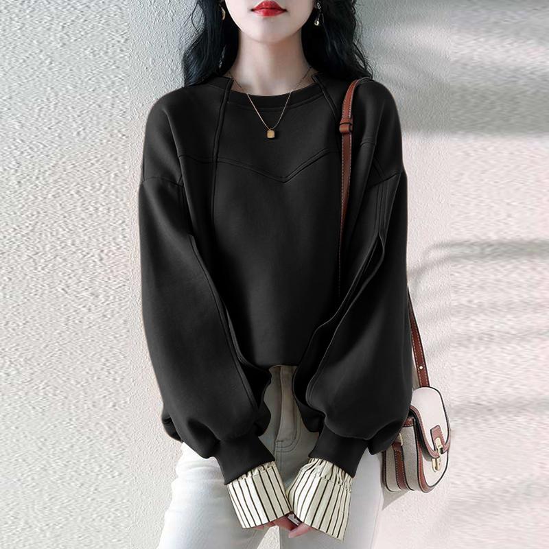 

ZANZEA Женские осенние толстовки с круглым вырезом и длинными рукавами в полоску S чёрный