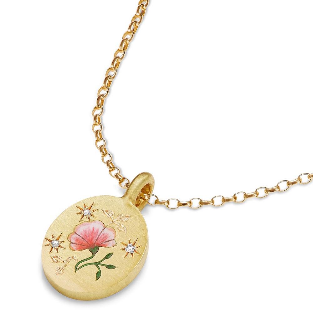 A pendant necklace made of hand-painted stainless steel, featuring a flower and heart-shaped pendant, paired with a sweater chain.