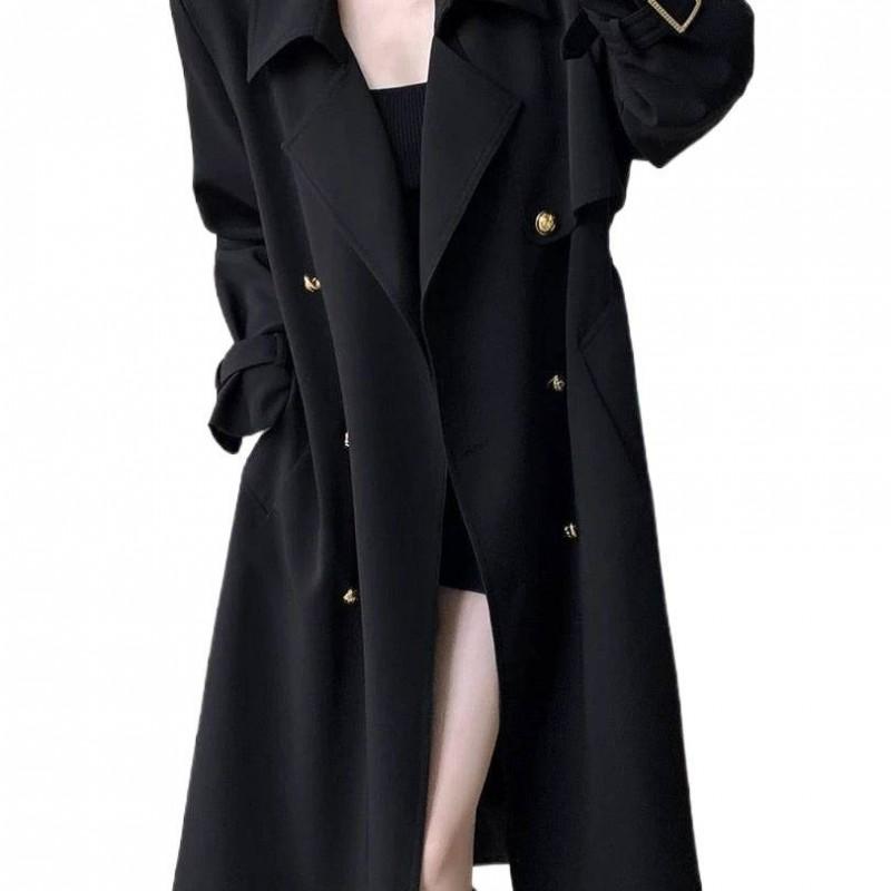 Womens Black Mid-Length Double-Breasted Wool-Blend Trench Coat Chic Office Casual Outerwear