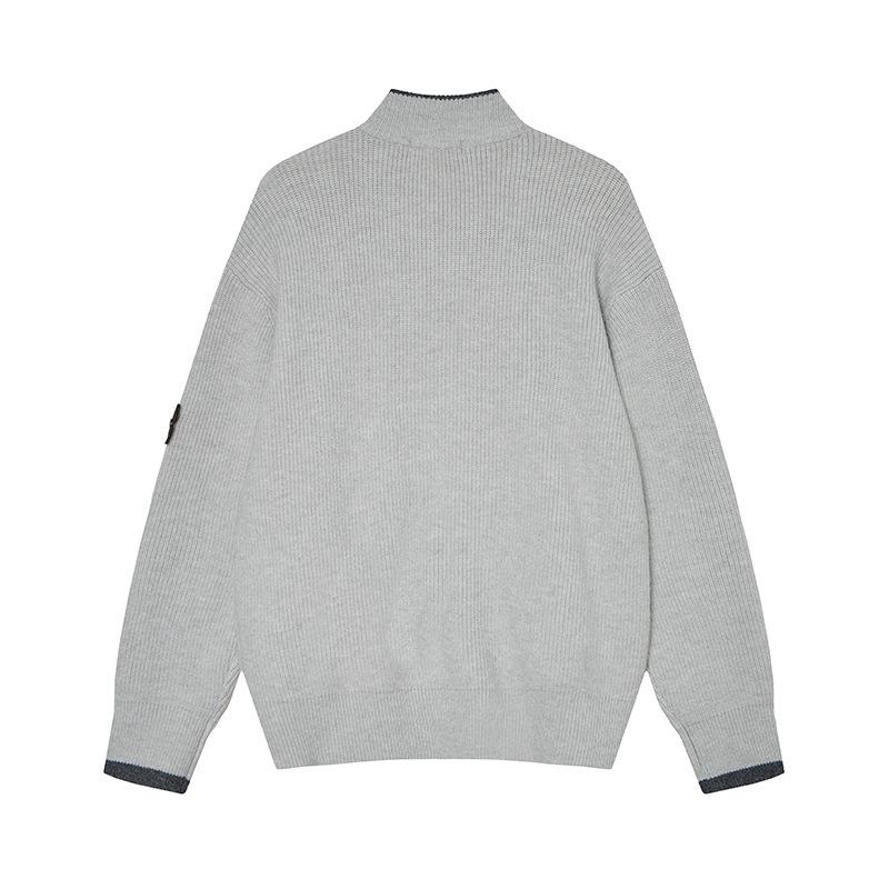 Unisex Herbst/Winter Steinfarbener Reißverschluss-Strickjacke: Stehkragen, Abzeichen-Detail, Colorblock-Strickpullover