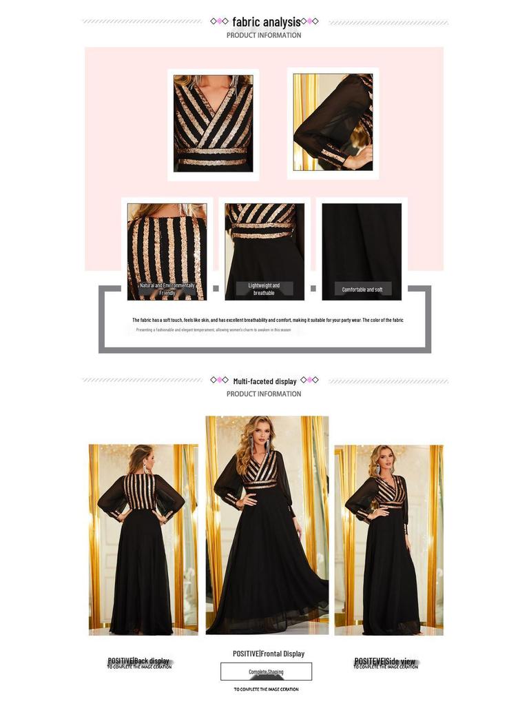 Chiffong Paljetter V-ringad Kvällsklänning med Nätkjol för Vår & Höst