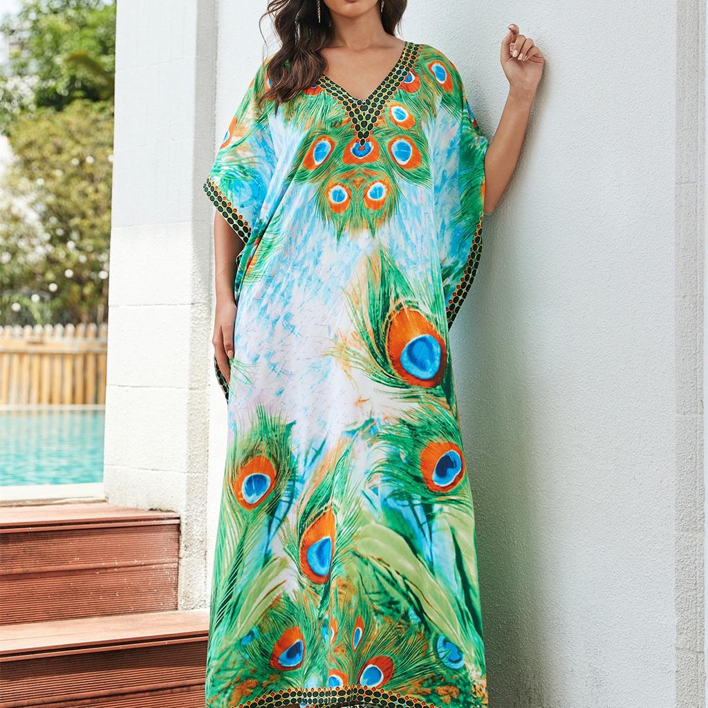 Women's Fashion Vacation Summer Spring Peacock Pattern Print 1/2 Sleeves V-Neck Casual Dresses