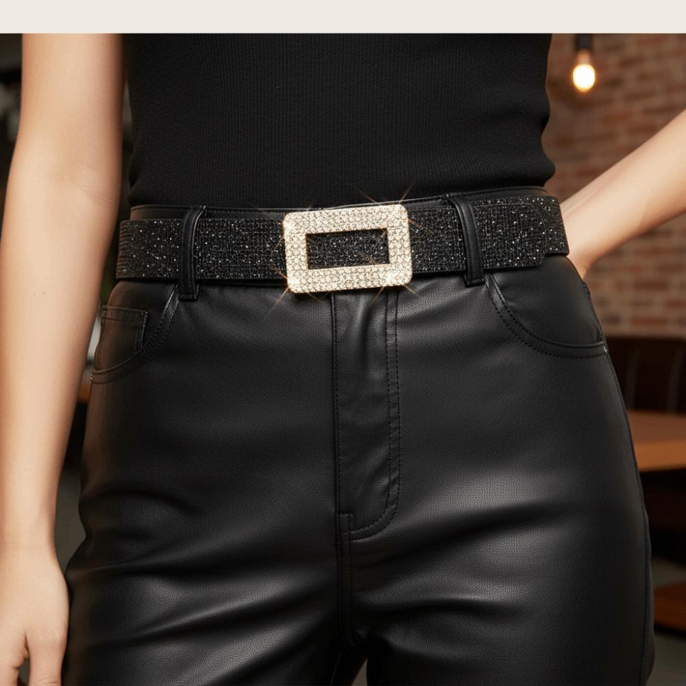 Punk PU Leather Wide Waistband Rhinestone Square Buckle Y2K Girl Waistband Sequin Belt  Party