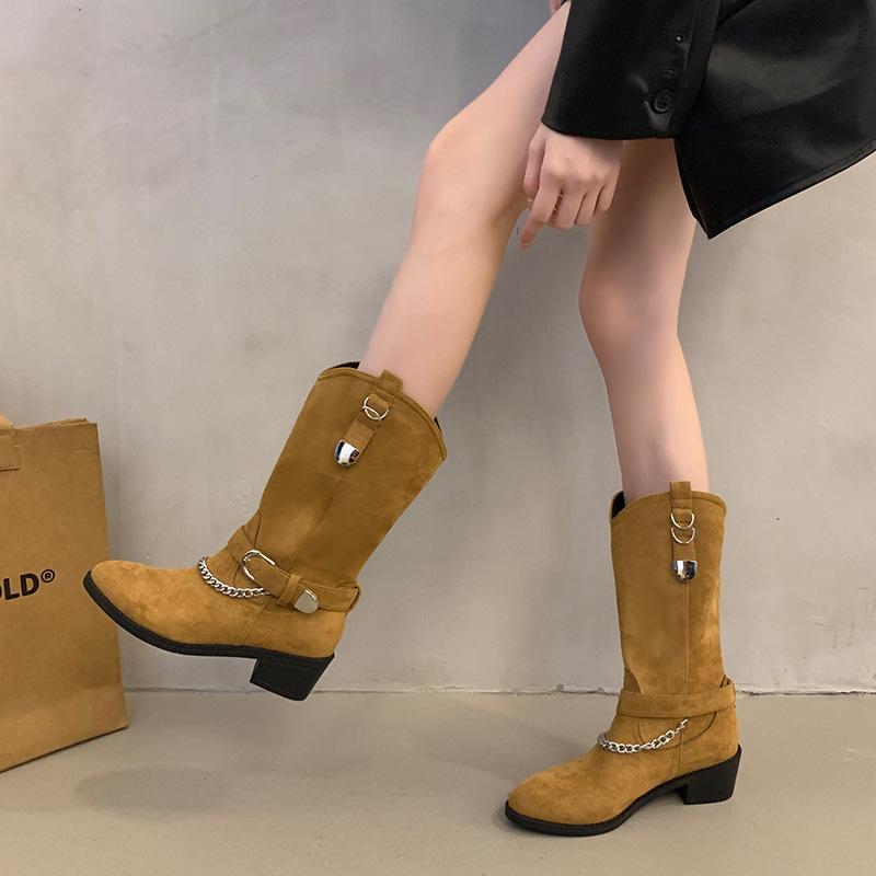 Cizme de călărie pentru femei cu lanț metalic și toc gros, toamnă iarnă, piele PU, cizme până la jumătatea gambei, modă pentru femei, cu cataramă, cizme de motociclist