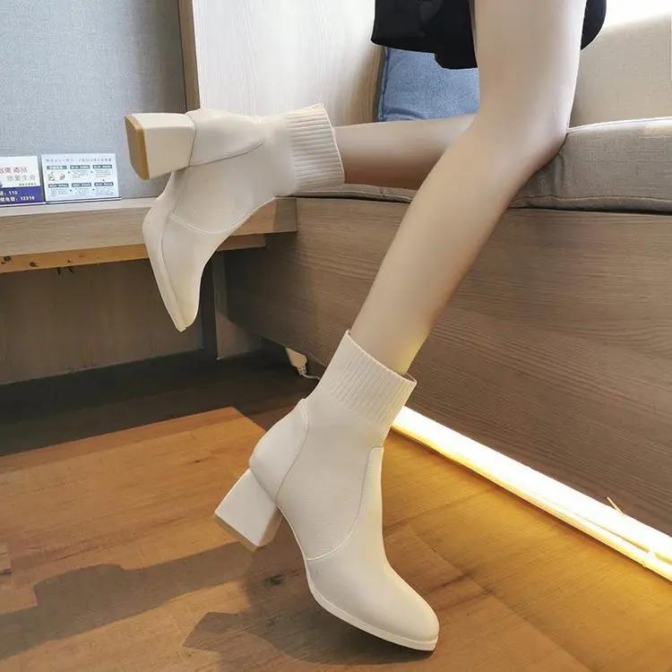 High Heels Autumn Winter Stretch Knitting Retro Ankle Boots Female Sock Boots Mujer Botas Altas Plataforma Mujer