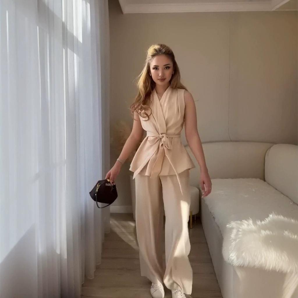 Costum de navetă european și nou pentru femei, cu decolteu în V, fără mâneci, cu șireturi în talie, pantaloni cu talie înaltă și crac lat