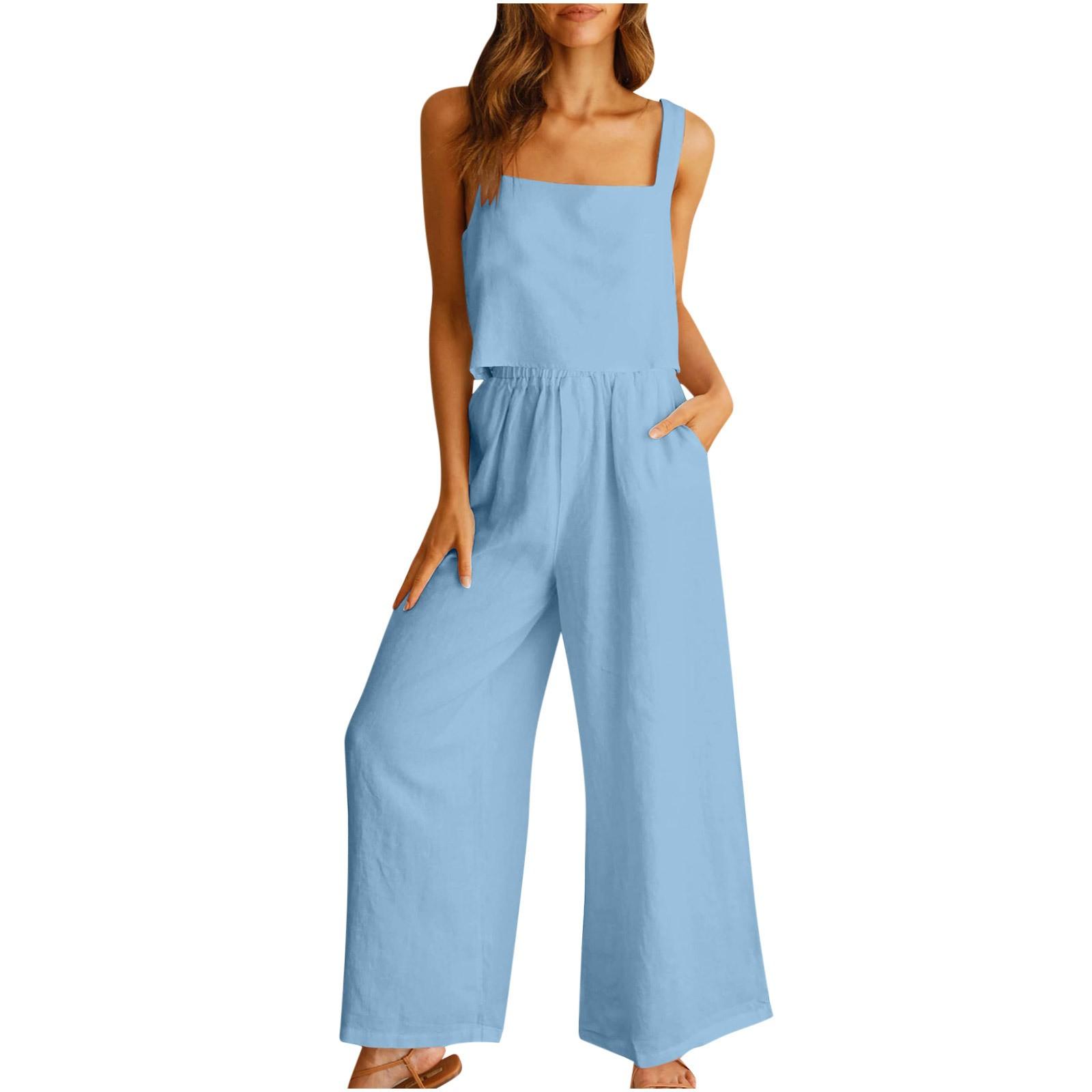 

Женские летние комплекты из 2 предметов, базовый топ без рукавов с круглым вырезом и пуговицами сзади, укороченные широкие брюки, комплект с карманами M