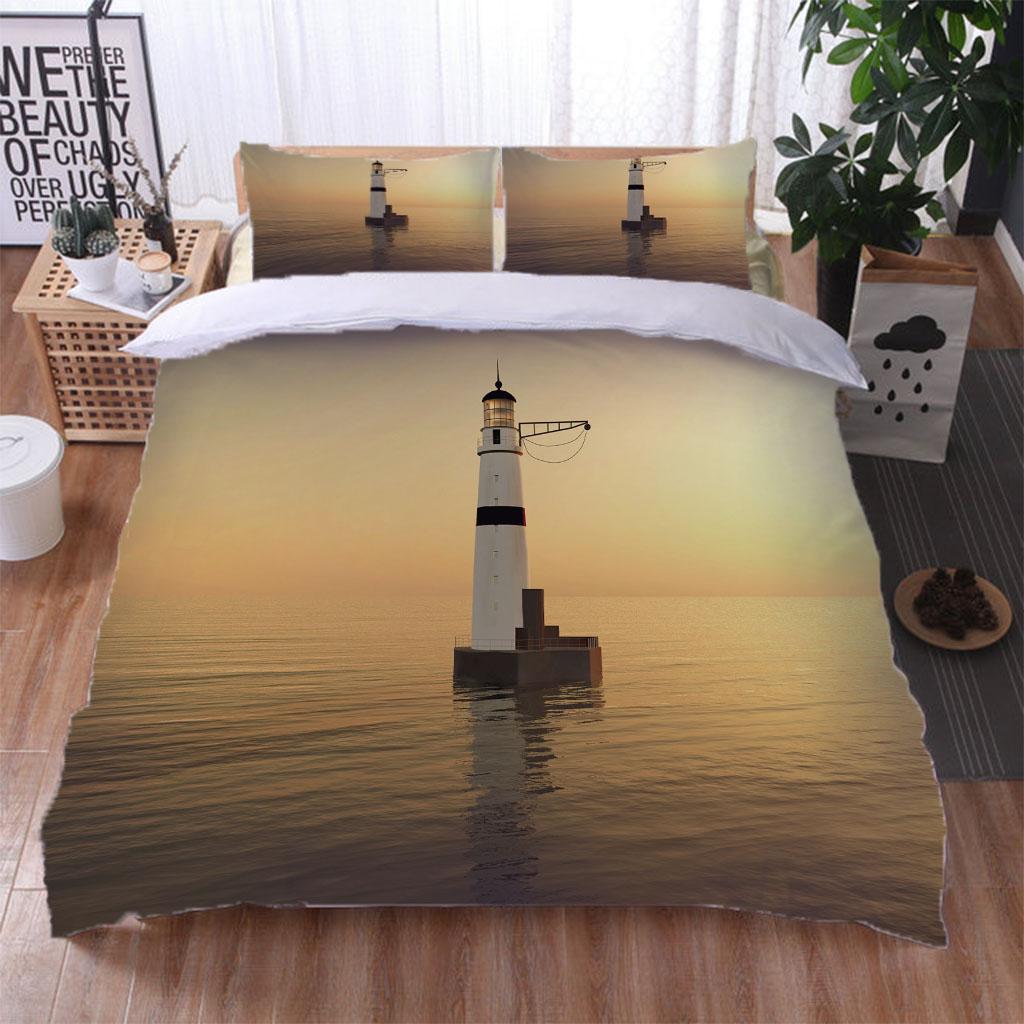 3D Landscape Beach Lighthouse Microfiber Duvet Cover Double Bed 1 Zip Duvet Cover And 2 Pillowcases FashionBedding Collection
