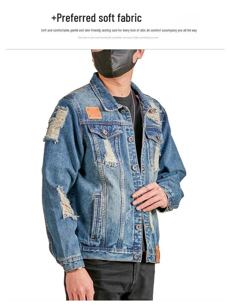 Xintang Men's Ripped Denim Jacket - 2025 Spring/Autumn High Street Workwear Trend