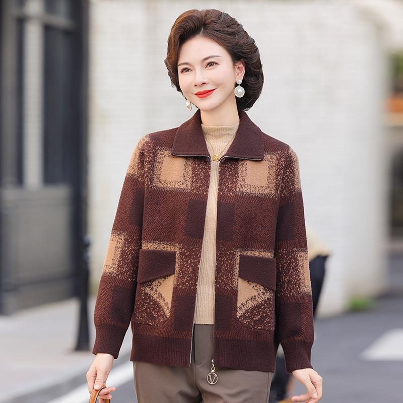 Karriertes Koreanisches Samt-Revers-Reißverschluss-Strickjacke für mittelalte und ältere Frauen – Herbst/Winter Strickwarenmantel