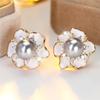 Cute Female White Crystal Gray Pearl Enamel Gold Color Flower Stud Earrings Lovely Bridal Wedding  For Women