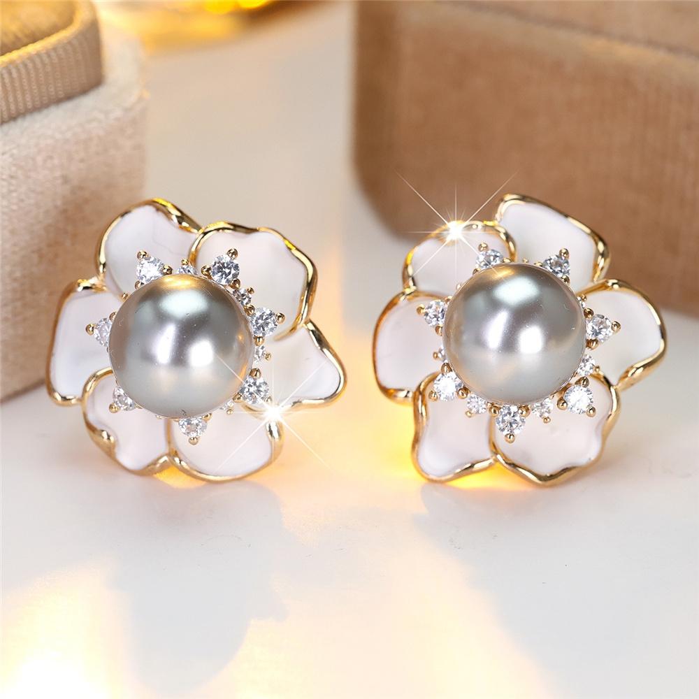 Cute Female White Crystal Gray Pearl Enamel Gold Color Flower Stud Earrings Lovely Bridal Wedding  For Women