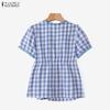 ZANZEA Women Summer Casual V-Neck Plaid Print Short Sleeve Blouse