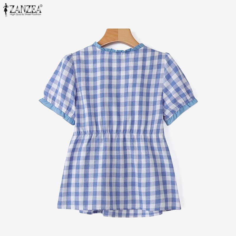 ZANZEA Women Summer Casual V-Neck Plaid Print Short Sleeve Blouse