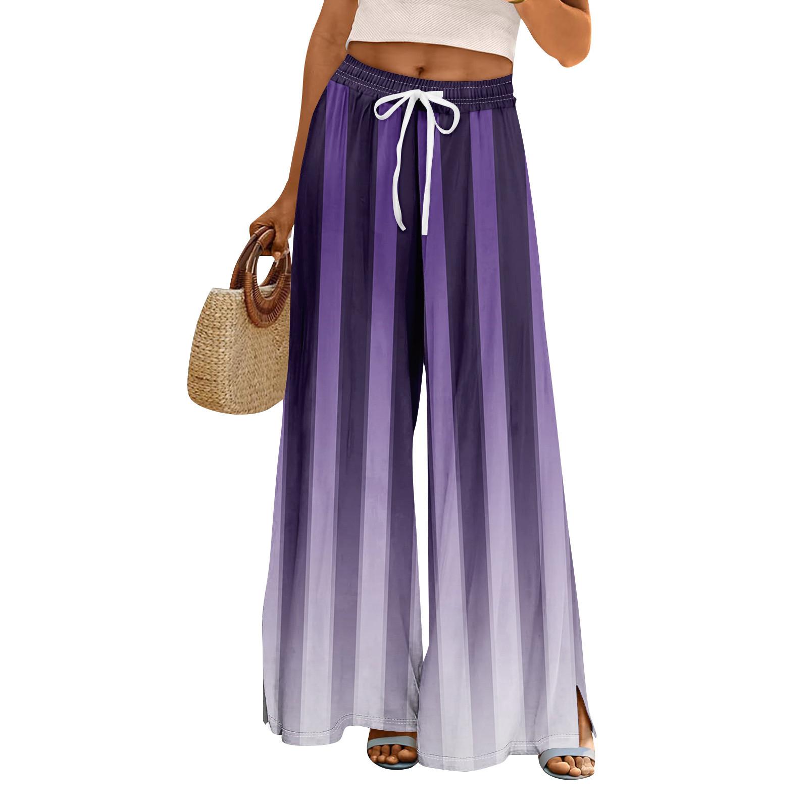 

Женские летние брюки-палаццо в стиле бохо с высокой талией, широкие повседневные брюки с цветочным принтом и карманами L фиолетовый