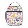 Cartoon Cute Dinosaur In Pink Background Insulated Lunch Bag for Women Children Portable Food Boxes Thermal Lunch Box Tote