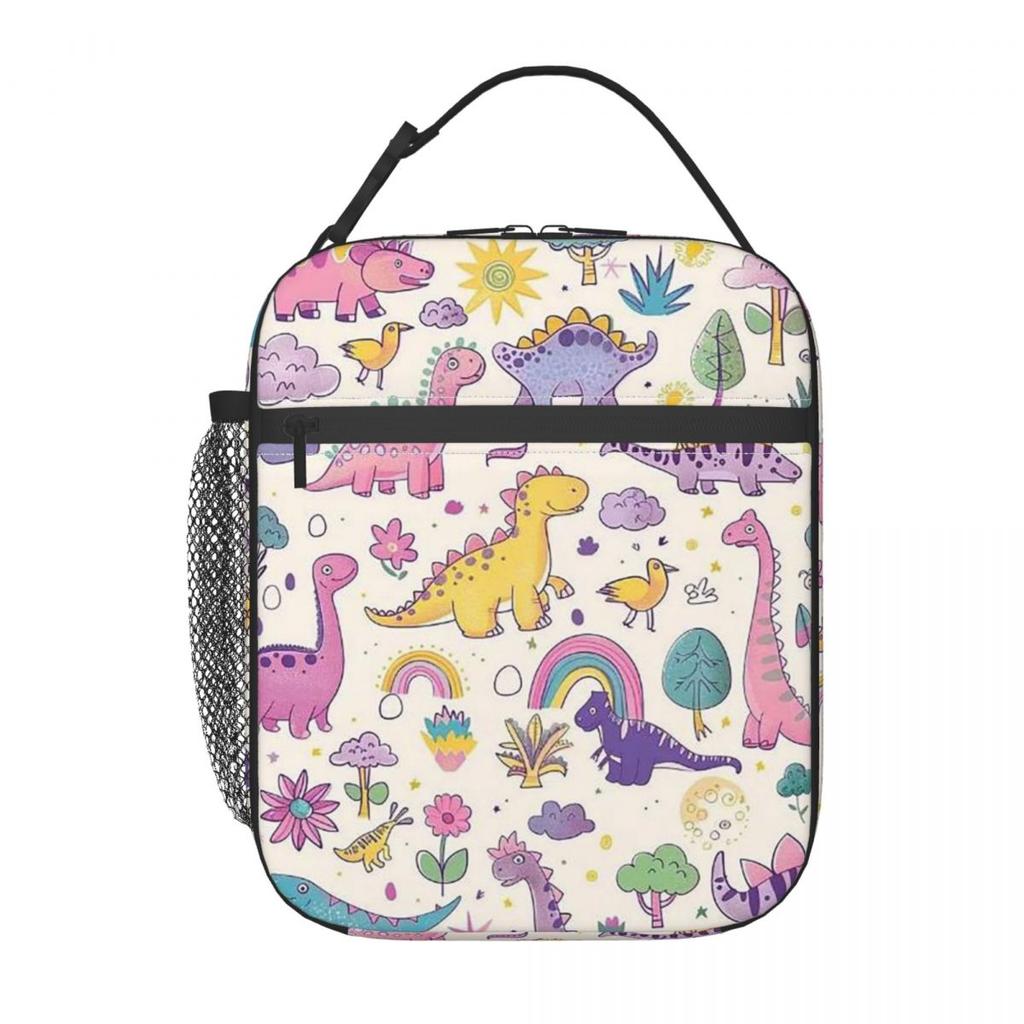 Cartoon Cute Dinosaur In Pink Background Insulated Lunch Bag for Women Children Portable Food Boxes Thermal Lunch Box Tote