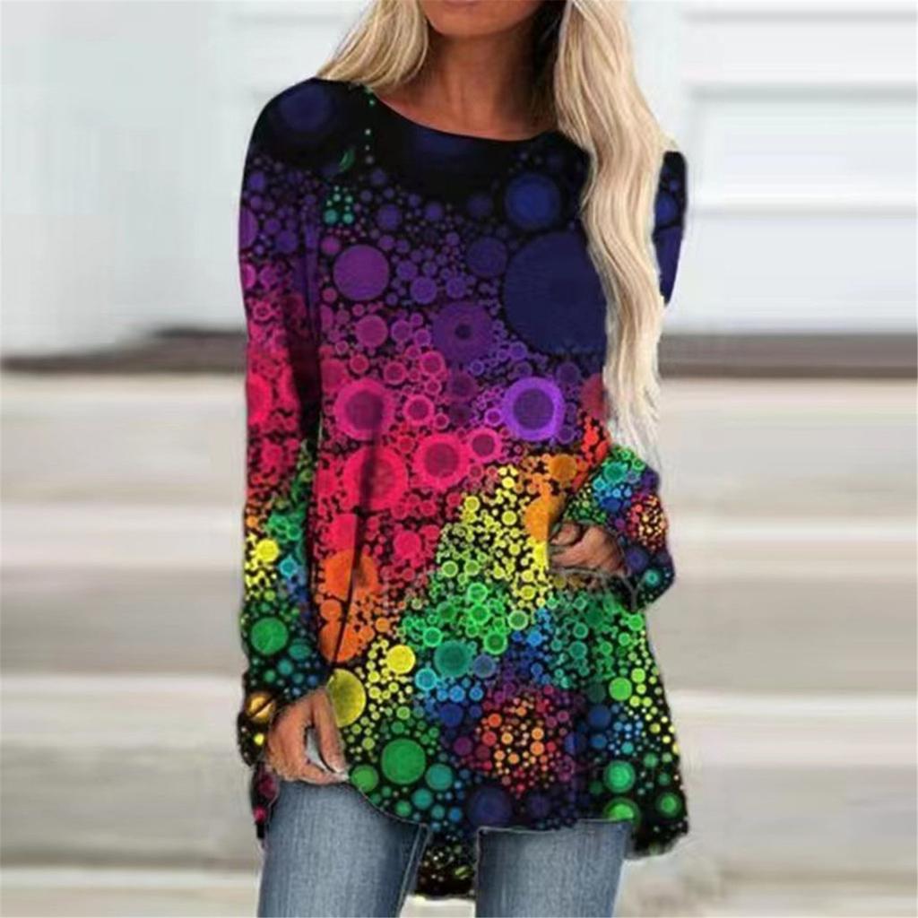 Fashion Women's  Printed Long Sleeve Round-Neck T-Shirt Long Style Tops