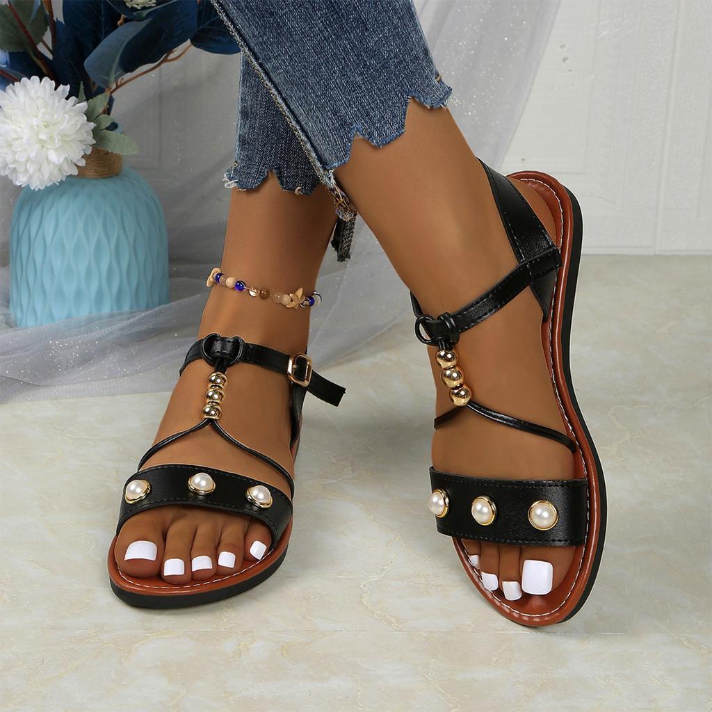 Retro Roman Pearl Buckle Flat Bottomed Comfortable Beach Sandals