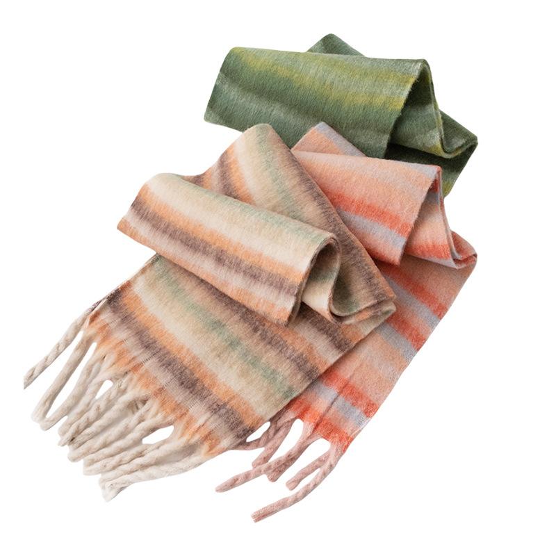 Korean Style Brushed Colorful Scarf Autumn and Winter Warm Scarf Fashion Large Shawl Thick Thick Beard Tassel Striped Scarf for Women