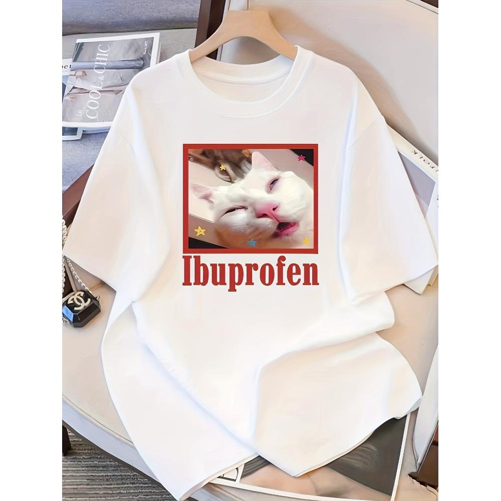 

Футболка с изображением кота и мема про ибупрофен, мягкая, дышащая и не выцветающая, классический крой для повседневной носки. XXL белый