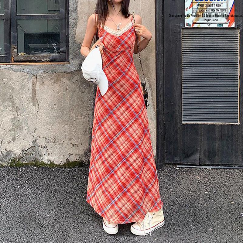 Women's Red Plaid V-Neck Lace Spaghetti Strap Dress - Slim Fit Spring/Summer Vacation Style