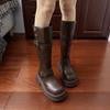 Brown Retro Maillard Thick Heel Platform Knight Boots Women's Genuine Leather New Spring and Autumn British Style Heightening Women's Boots