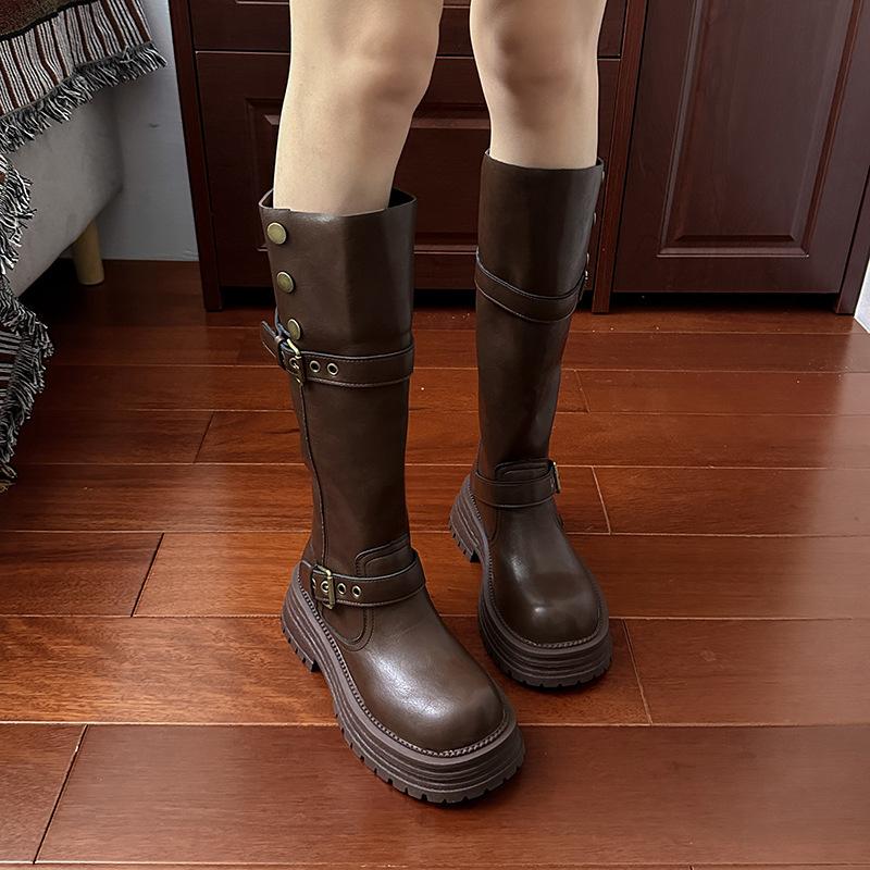 Brown Retro Maillard Thick Heel Platform Knight Boots Women's Genuine Leather New Spring and Autumn British Style Heightening Women's Boots