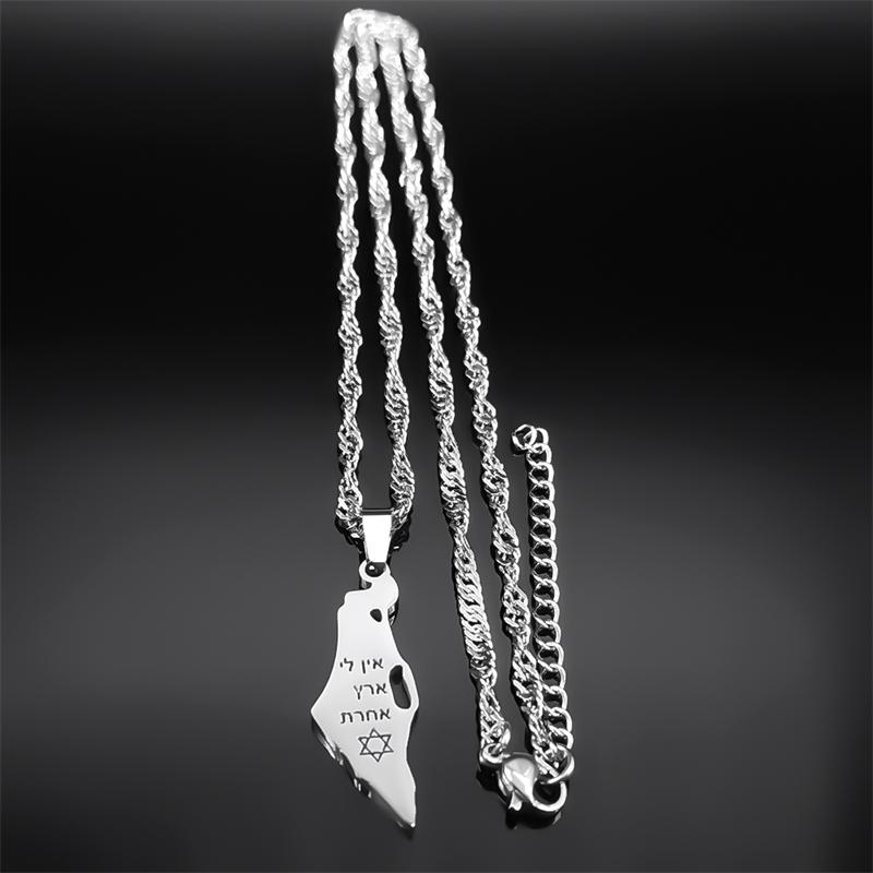 Israel Karte Land Anhänger Halskette für Frauen Männer Edelstahl Silber Farbe Magen Je Davidstern Hebräische Kette Schmuck
