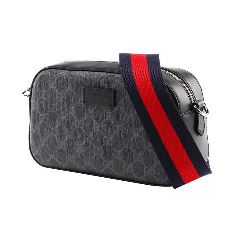 Gucci Vintage Logo Stripe Web Leather Logo Canvas And Leather Camera Bag Men Shoulder Bag Black Gray 574886-K5RLN-1095