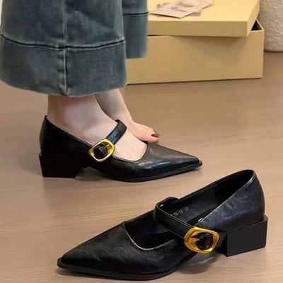 Grid Pointed Square Heel Single Shoes Buckle High Heels
