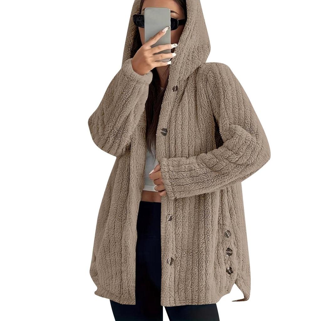 Button Hooded Jacket Plush Top Irregular Trendy Solid Color Jacket For Women Feather Coats Parkas Women'S Coat Winter Jack