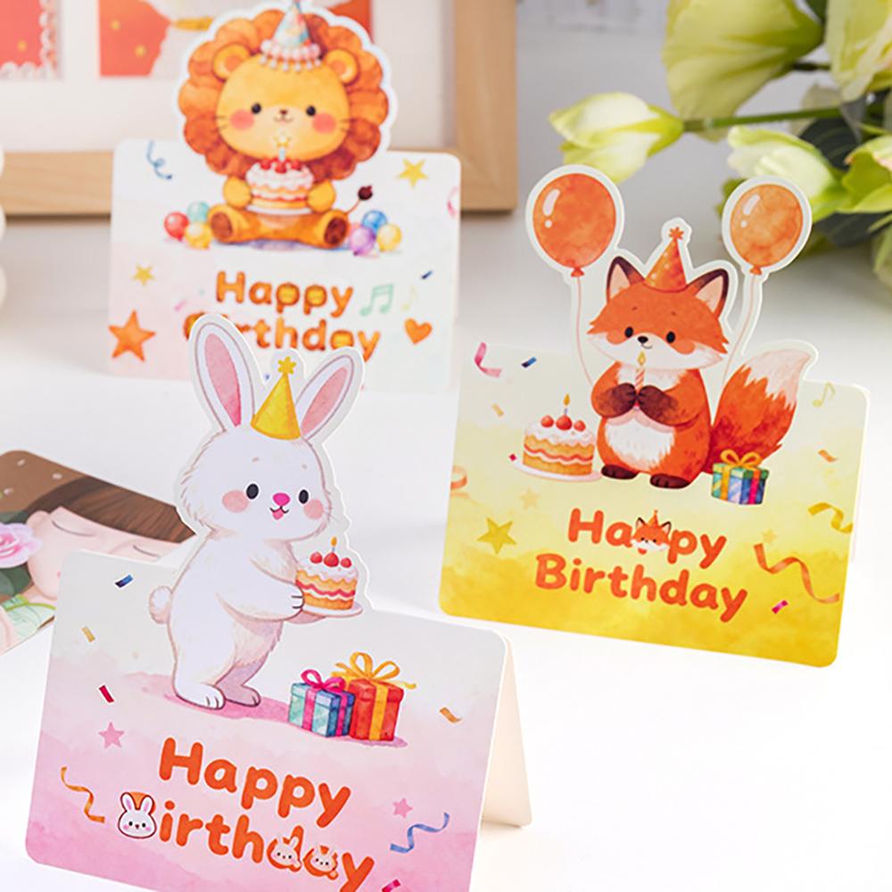 10 Birthday Cards, 3D Small Size Cartoon, Simple Folding, Handwritten Blessing Message, Birthday Card
