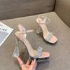 New Rhinestone Summer One-word Fashion Sandals Open-toed Sexy Transparent Belt Hate Sky High Waterproof Table High Heels