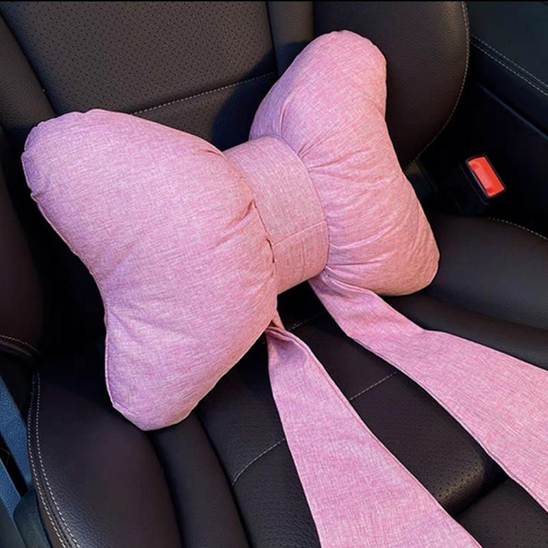 Ribbon Bow Linen Red Car Headrest Waist Neck Pillow New Car Seat Pillow Lumbar Support Women's Car Interior Accessories