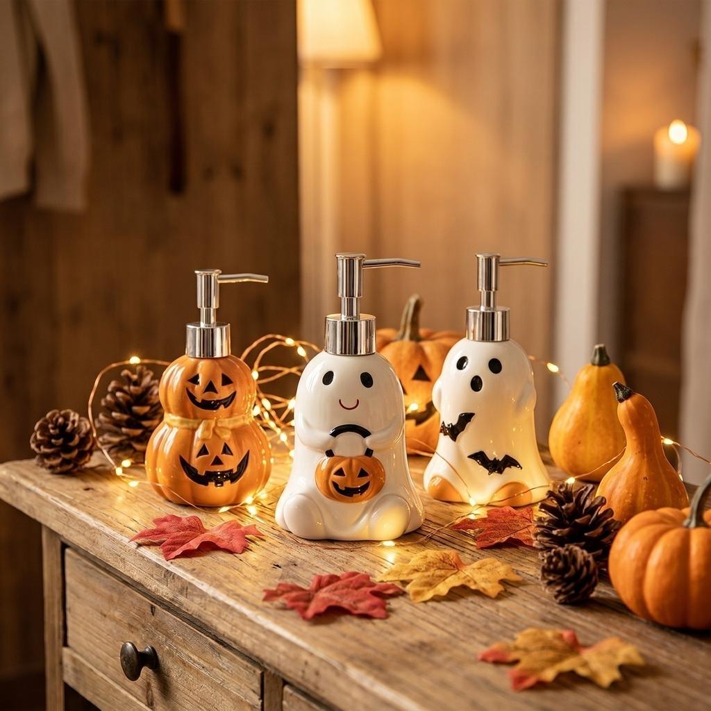 Ceramic Halloween Pumpkin Ghost Shape Soap Dispenser Pump Bottle for Bathroom Kitchen Countertop Use Durable and Easy To Refill