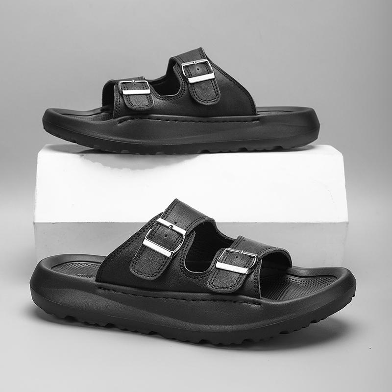 Fashion Italian Leather Double Buckle Cowhide Slippers for Men Hotel Beach Summer Shoes High Quality Slip on Light Flats Male Flip Flops