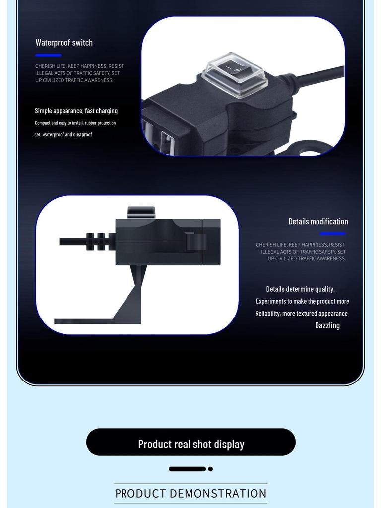 Slim Waist Dual-Port 12V USB Charger with Rearview Mirror & Handlebar Mount for Motorcycles