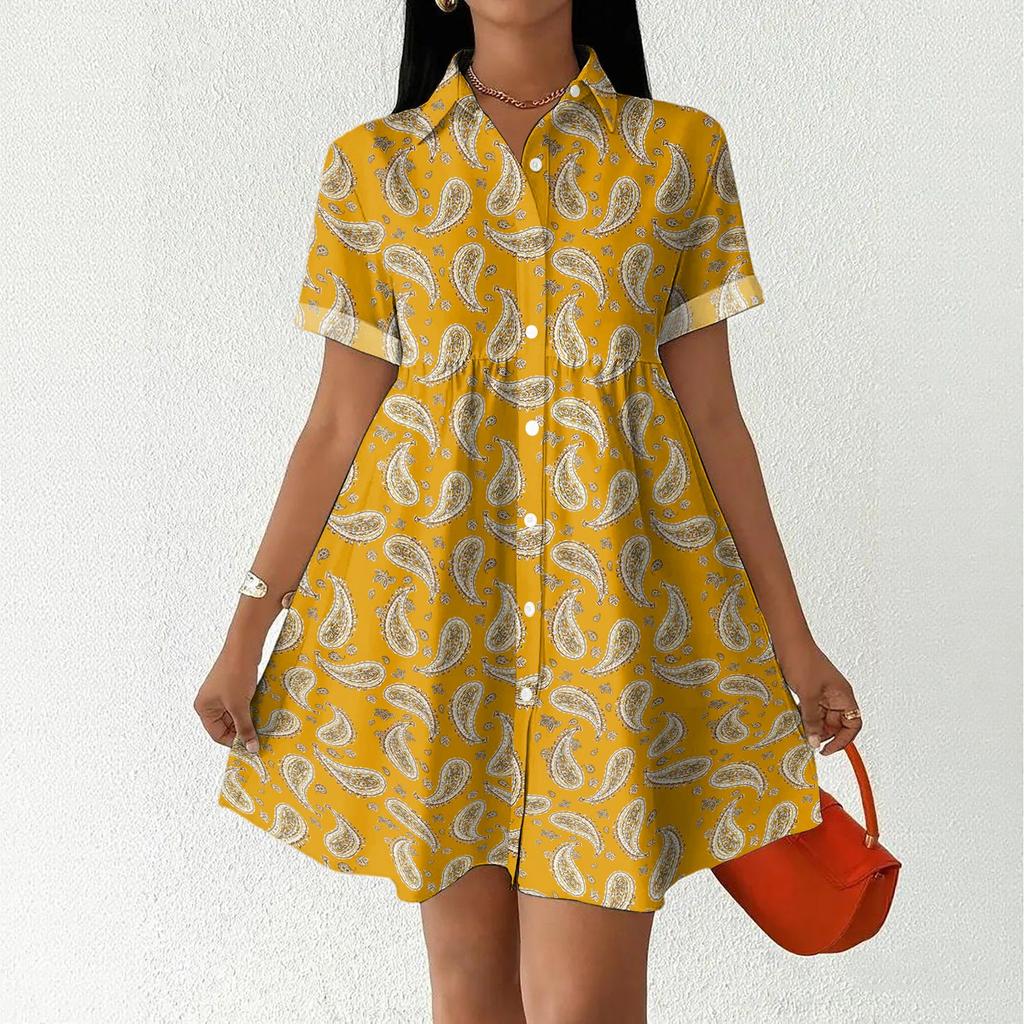 Casual Loose Fit Shirt Dress for Women Button Front Short Sleeve Collared Dress with Printed Hemline Border Design