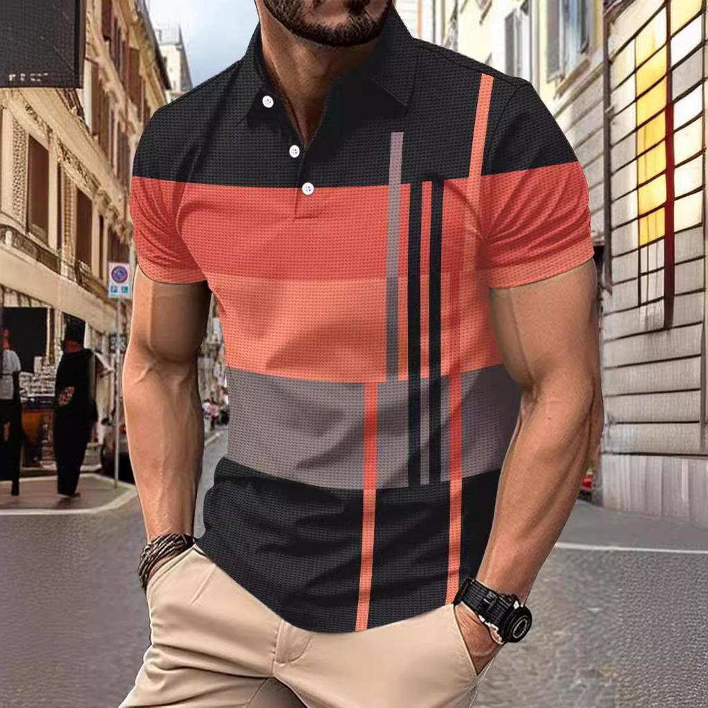 Summer Men's Daily Casual Stripe Printed Lapel Short Sleeve Polo Shirt Top
