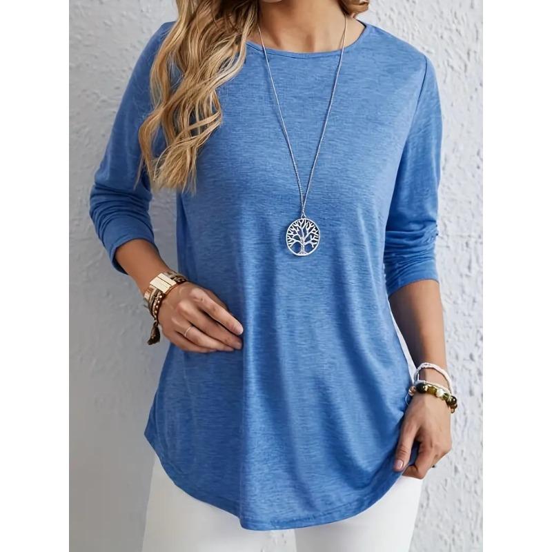 YYFS Women's Fashion Casual Spring Autumn Solid Color Print Long Sleeve O-Neck Blouses & Shirts
