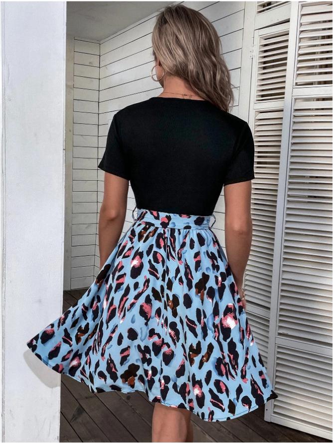 European & American Women's Fashion Print Patchwork Short Sleeve Dress 2023