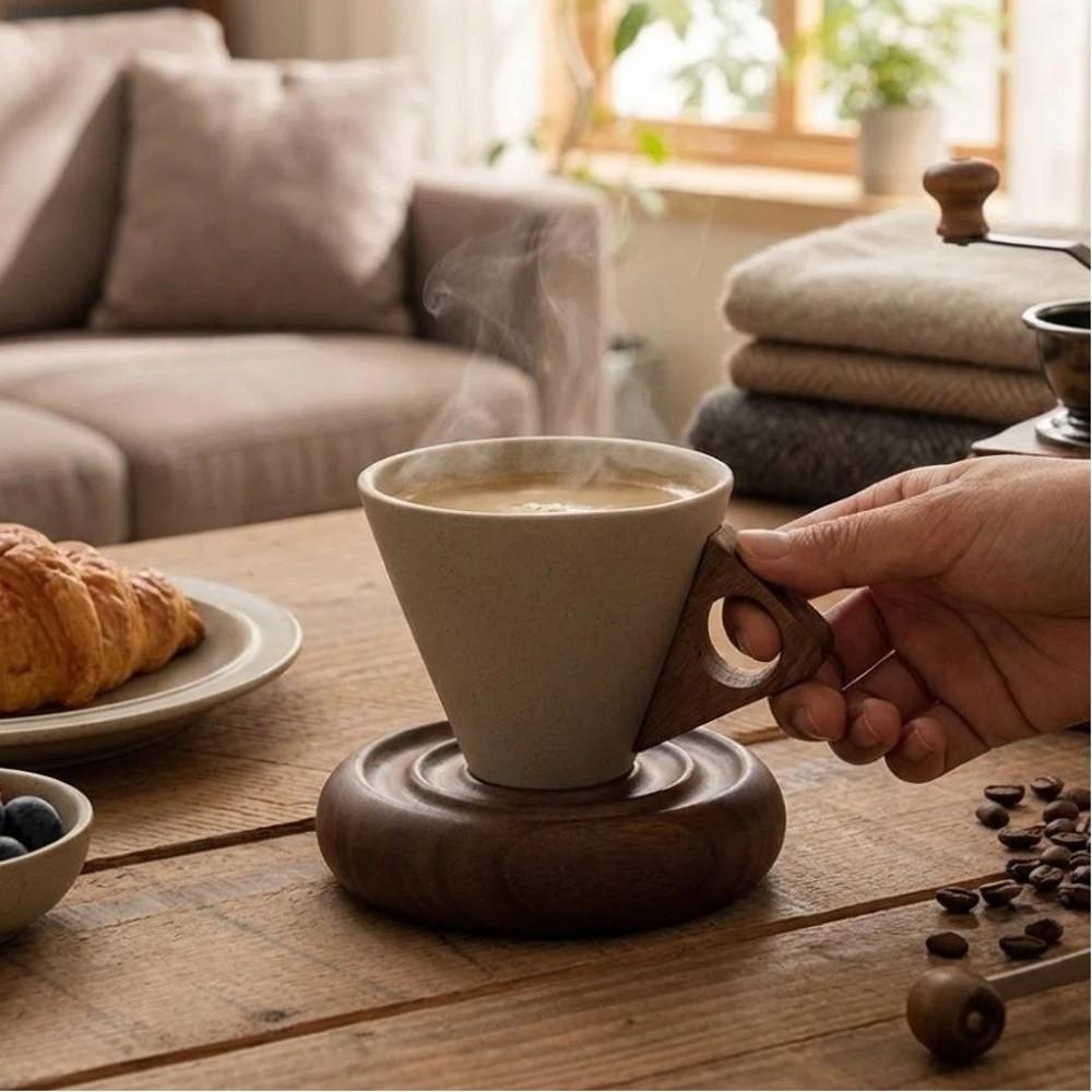 Retro Style Triangular Cone Cup Wooden Base Japanese Ceramic Mug Funnel Coffee Mug  Cafe Use