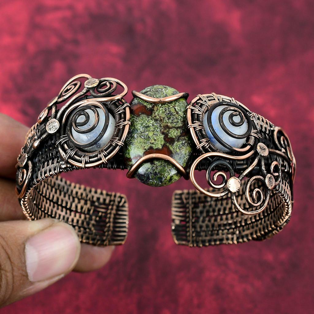 Dragon Bloodstone Cuff Bracelet Copper Wire Wrapped Adjustable Bangle Moonstone Copper Wire Jewelry Gifts For Her Handmade Gemstone Jewelry
