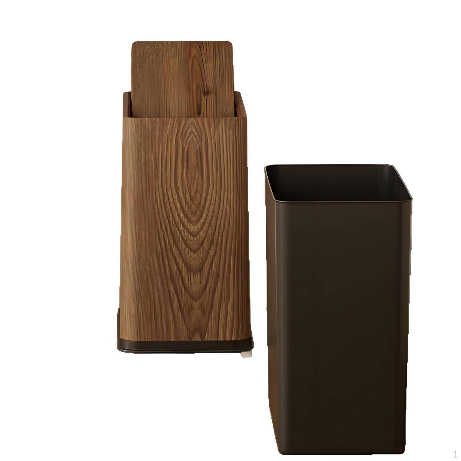 Narrow Garbage Bin with Lid Large Capacity Wood Grain Trash Can Double Barrel Design Rectangular
