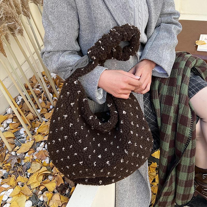 Plush Tote Bag Hot Korean Polka Dot Shoulder Bag Adjustable Drawstring Crossbody Bag Commuter Zipper Tote Bag Travel Storage Bag