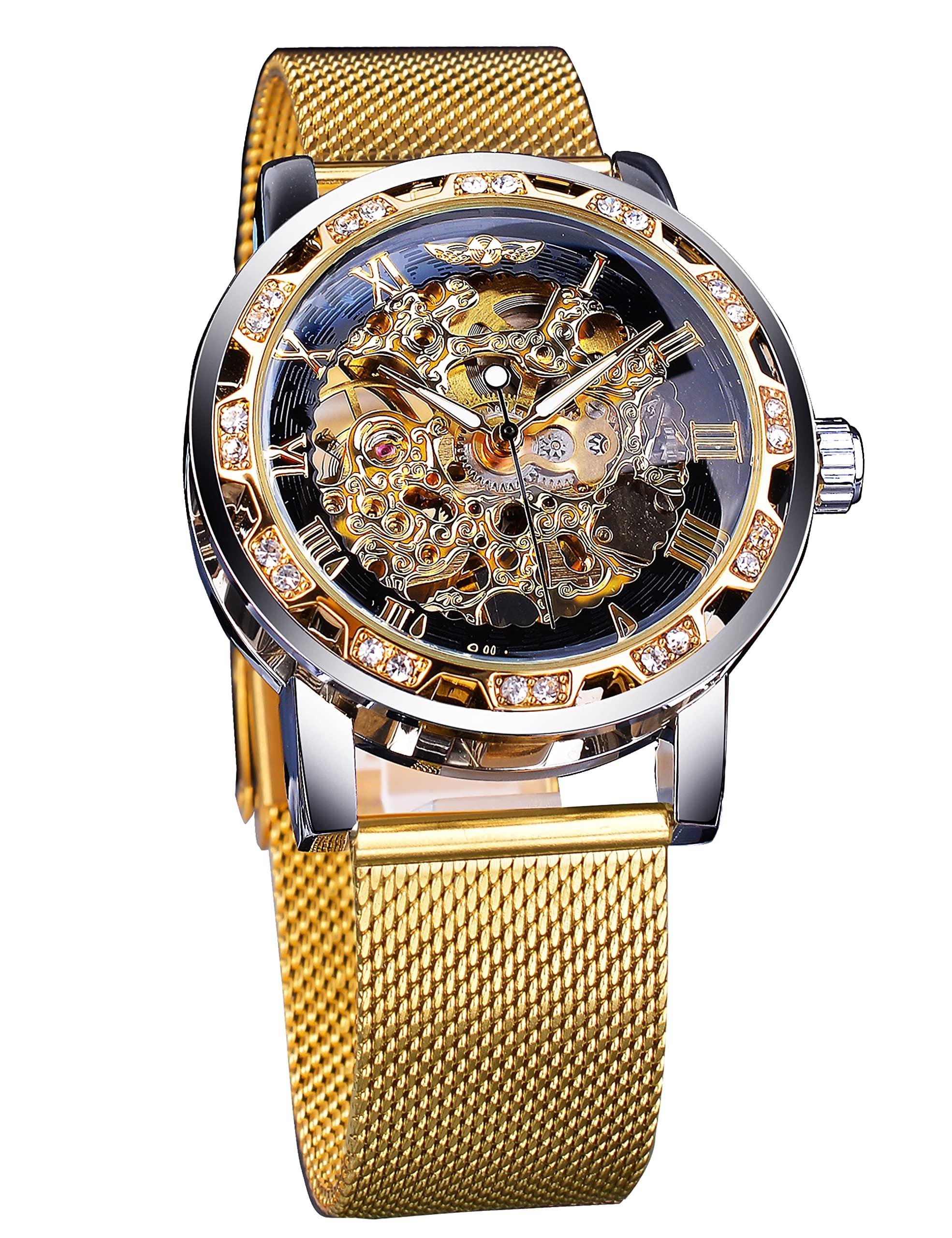 Forsining Winner Ретро Ручной Скелетный Часы Алмазная Резьба Цветочный Узор Мужские Золотой Классический Римские Цифры