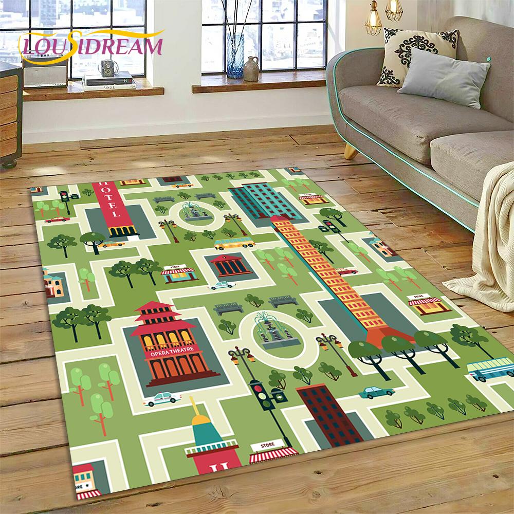 3D City Traffic Road Map Child PlayMat Highway Playroom Area Rug,Carpet Rug for Living Room Bedroom Sofa Doormat, Non-slip Gift