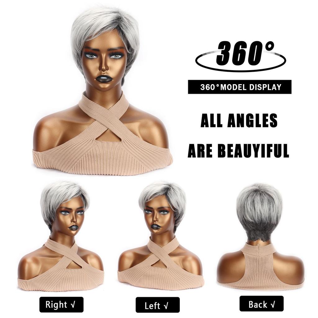 Synthetic Short Straight Wigs With Bangs Extensions Grey Wig Fiber Wigs For Women