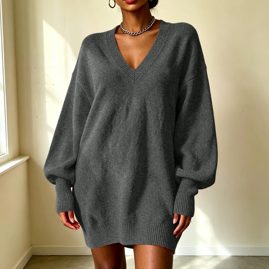 Women's Loose Fit Midi Sweater Dress with Sleeves and Collared Neckline